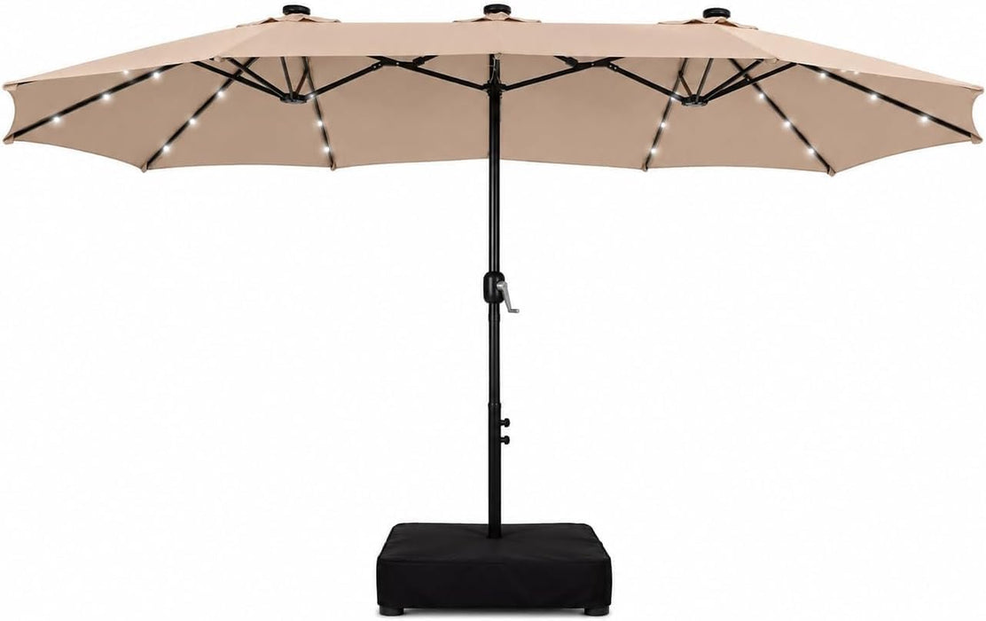 15Ft Large Patio Umbrella with Base&Solar Lights,Rectangle,Beige | Outdoor Double-Sided Rectangular Umbrella with Stand, 36Pcs LED Lights, Triple Head, Heavy Duty, UV Resistant, for Outside