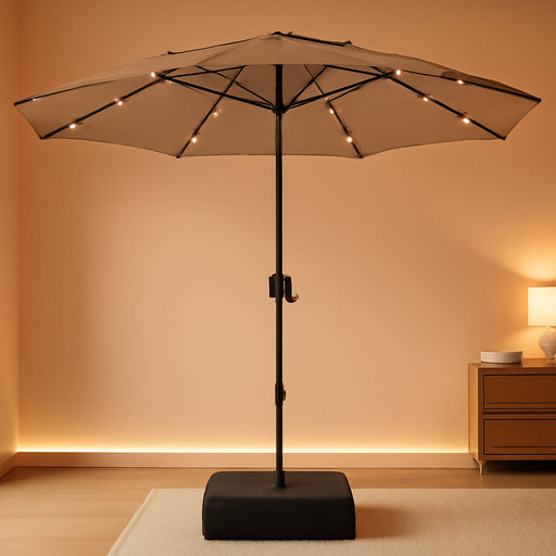 15Ft Large Patio Umbrella with Base&Solar Lights,Rectangle,Beige | Outdoor Double-Sided Rectangular Umbrella with Stand, 36Pcs LED Lights, Triple Head, Heavy Duty, UV Resistant, for Outside
