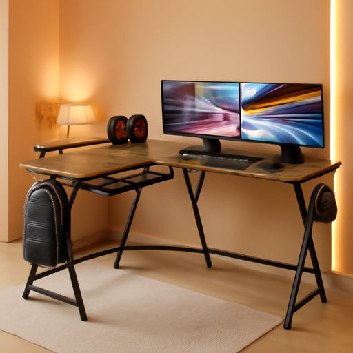 Vista L-Shape Desk with Monitor Stand, Walnut