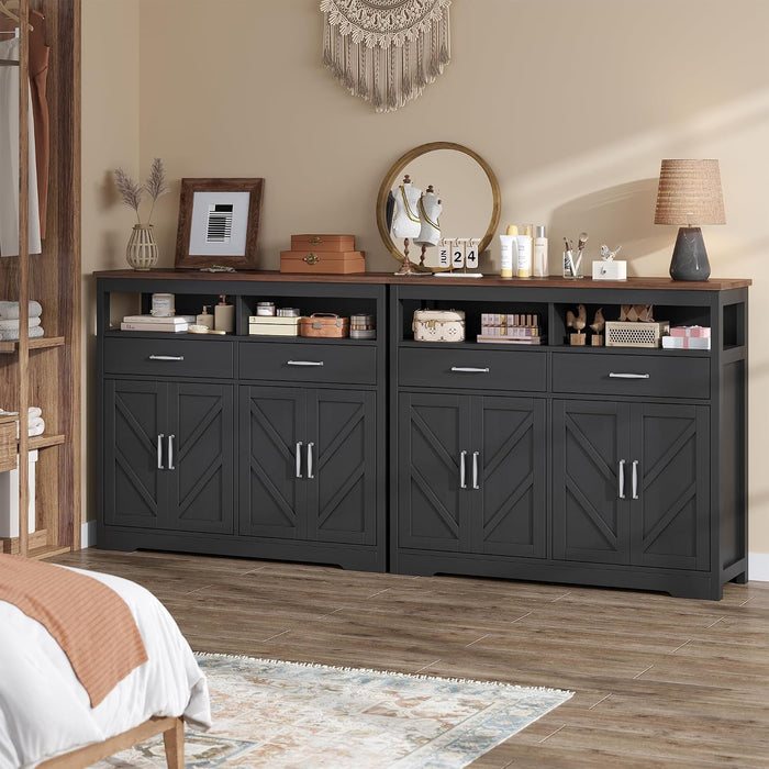 Sideboard Buffet Cabinet with Storage & Shelves, Farmhouse Kitchen Storage Cabinet Wood Coffee Bar Sideboard Cabinet with 4 Doors for Kitchen, Living Room, Entryway, 47" W Black