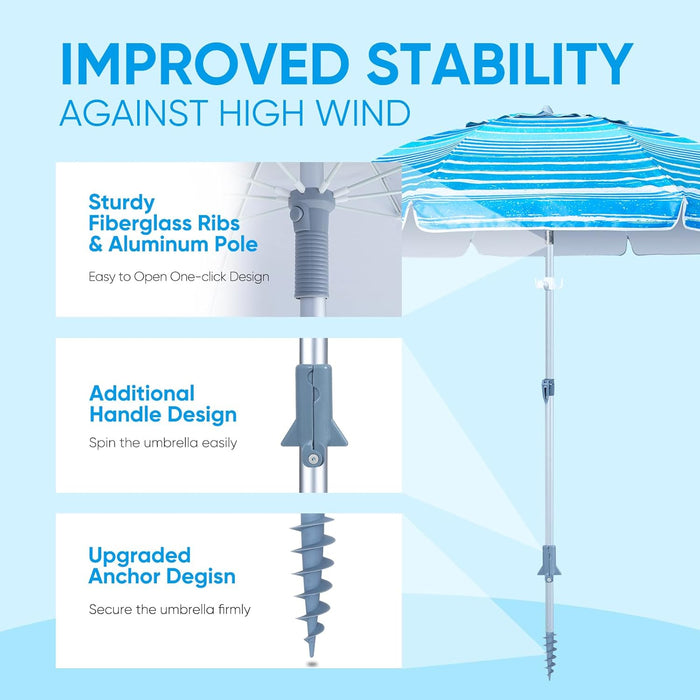 Heavy Duty High Wind Beach Umbrella with Sand Anchor & Carry Bag|Patio Outdoor Umbrella with Aluminum Frame and Push Button Tilt, Ideal for Travel Garden Lawn, UPF 60+