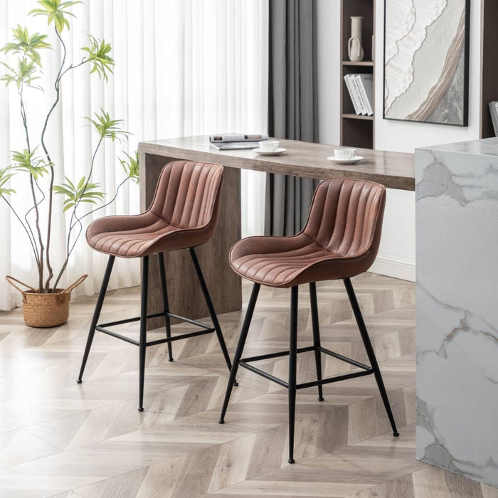 Brown Bar Stools Set of 2, 24 Inch Barstools Fabric Upholstery | Counter Height Bar Stool 24-Inch Seat Height, Thick Cushion, Black Metal Legs, Mid-Century Industrial Look for Kitchen Island