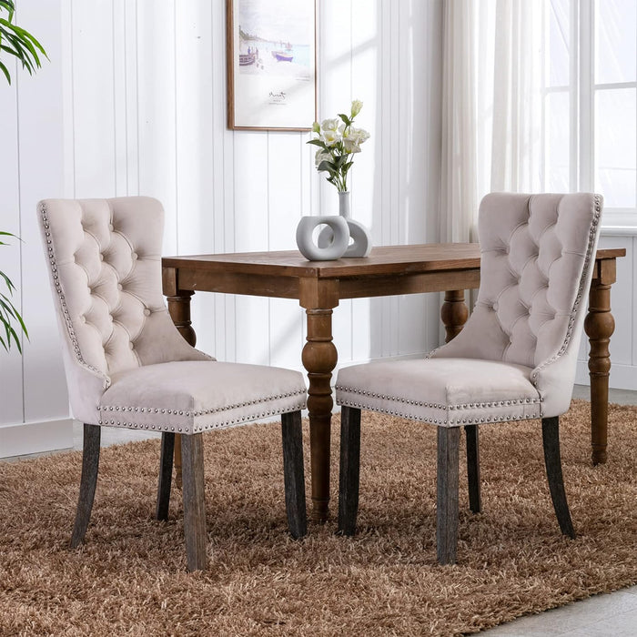 Upholstered Dining Chairs Set of 4, Velvet Tufted Dining Chairs with Nailhead Back and Ring Pull Trim, Solid Wood Dining Chairs for Kitchen/Bedroom/Dining Room (Beige)