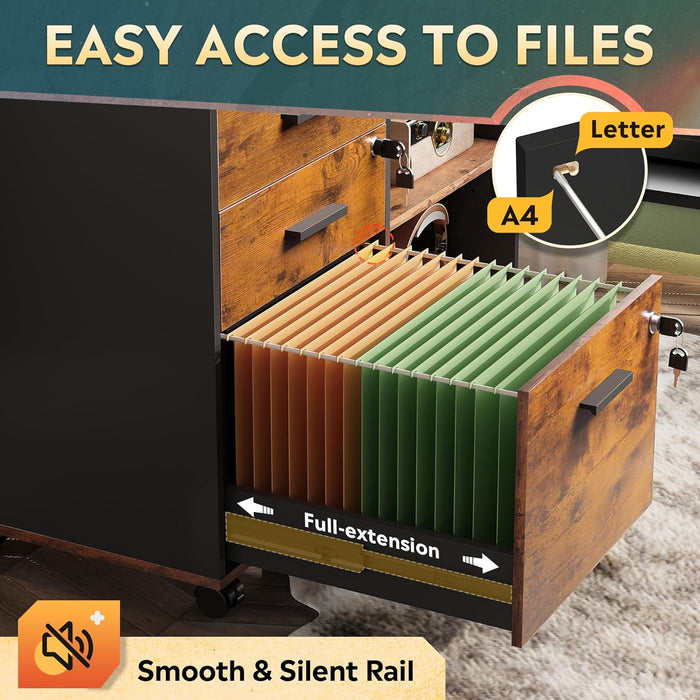 3-Drawer Wood File Cabinet with Lock, Mobile Lateral Filing Cabinet, Printer Stand with Open Storage Shelves for Home Office, Rustic Brown