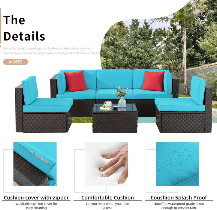 6 Pieces Patio Furniture Sets Outdoor All-Weather Sectional Patio Sofa Set PE Rattan Manual Weaving Wicker Patio Conversation Set with Glass Table & Ottoman Cushion and Red Pillows, Blue
