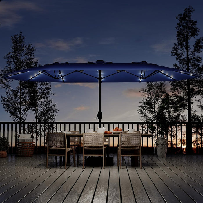 15FT Rectangular Outdoor Umbrella Patio Umbrella with Solar Lights & Base Included Large Market Umbrellas with Crank Handle UV Protection Table Umbrellas for Outdoor, Backyard, Deck, Navy Blue