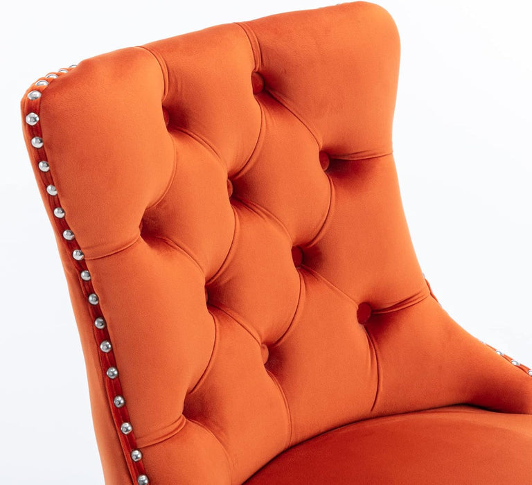 Velvet Upholstered Wingback Bar Stools Set of 2, Button Tufted Counter Height Bar Stool Chairs with Nailhead Trim&Handle Ring, Padded Kitchen Island Barstools W/Solid Wood Frame, Orange