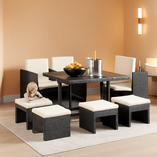 9 Pieces Patio Dining Sets Outdoor Conversation Sets, Space Saving Wicker Chairs with Glass Table and Ottomans, Cushioned Seating and Back Sectional Dining Sets(Bk-Wh)