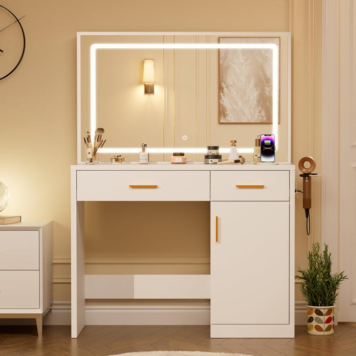Vanity Desk with 35.4" LED Mirror and Lights, Makeup Vanity Table with Charging Station (2AC/USB/C), 2 Drawers & Large Cabinet, 3 Lighting Color Adjustable, Modern Dressing Table, White