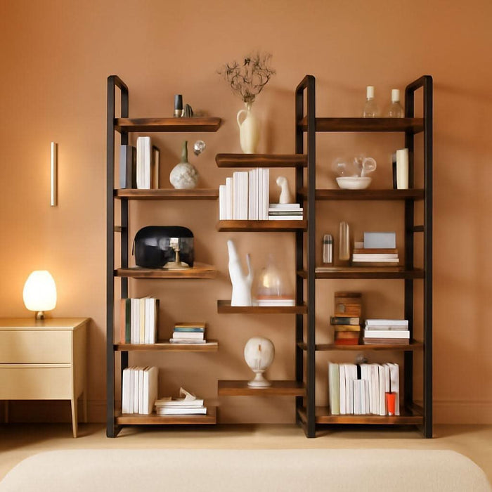 Triple Column 5 Tier Bookshelf, Industrial Large Bookcase Display Shelves, Large Etagere Bookshelf,Wide Book Shelf Book Case for Home & Office, Rustic Brown