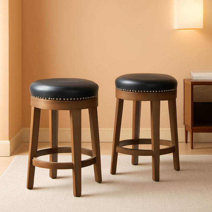 Kenmare Swivel Bar Stools Set of 2, Rustic 360 Degree Backless Swivel Counter Stools, Faux Leather Upholstered, Solid Wood Frame, Easy Assembly, round Bar Stools Swivel, Foot Rest, 25" Black