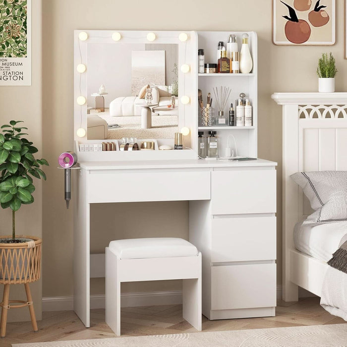 Vanity, Makeup Vanity Desk Set with Mirror & Light, Dressing Table Storage Lots with Power Strip, 3 Lighting Modes with Adjustable Brightness, 37 Inches (White) (White with Stool)