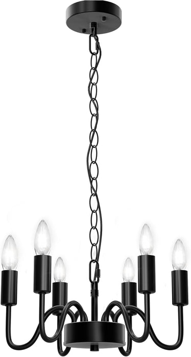 Black Chandelier for Dining Room, Rustproof 6-Light Farmhouse Chandelier Light Fixture, 47Inches Modern Candle Hanging Light for Bedroom, Adjustable Rope, E12 Small Base, Bulbs Not Included