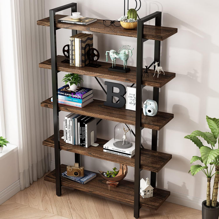 5-Tier Industrial Style Solid Wood Bookcase and Book Shelves,Rustic Wood and Metal Shelving Unit， Living Room,Modern Rustic Open Industrial Book Shelf Office,Distressed Brown (Ay-02-5Tier)