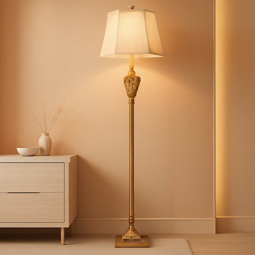 Vintage Farmhouse Floor Lamp with Nightlight, 65" Tall Standing Lamp with White Linen Fabric Shade, Antique Gold Finish, Elegant Reading Corner Light for Living Room, Bedroom, Office (Bulb Included)