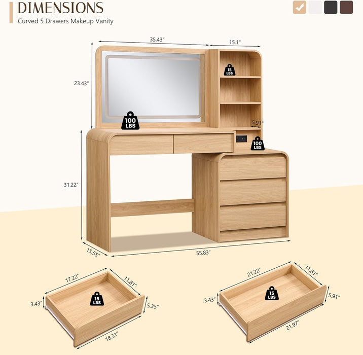 Vanity Desk with Mirror and Lights, 50” Modren Makeup Vanity with 35.43" Mirror and 5 Drawers, Makeup Table with Charging Station for Women and Girls, Bedroom (Natural)