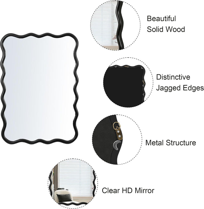 28X40 Inch Wavy Wood Mirror for Wall, Black Solid Wood Frame
