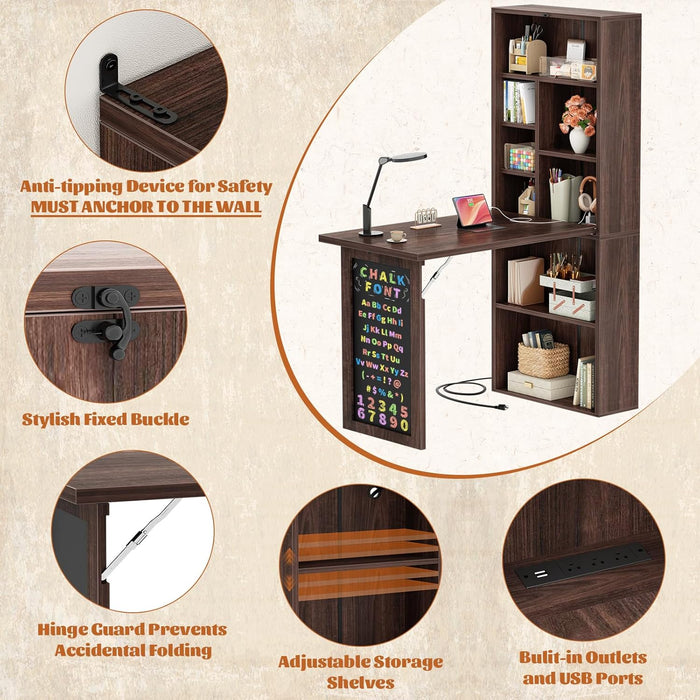 Small Folding Desk with Outlets, Convertible Writing Desk for Small Spaces/Home Office/Craft Room, Multi-Function Desk Workstation with Blackboard, Fold-Out Cabinet Table, Black Walnut