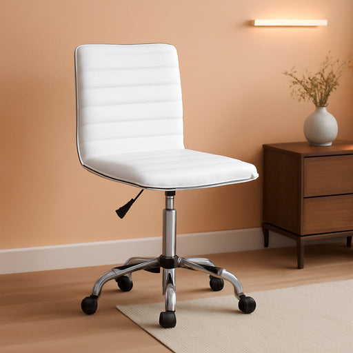 Mid Back Vanity Chair for Makeup Room, Low Back PU Leather Swivel Computer Desk Chair, Task and Office Chair Retro with Armless Ribbed (White)