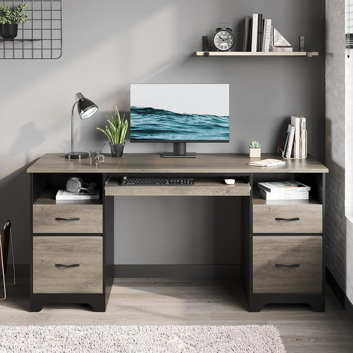 59 Inch Office Desk with 4 Drawers, Computer Desk with Storage, Executive Desk with File Drawer, Keyboard Tray & 2 Pedestals on Both Sides for Home Office, Studio, Grey&Black