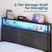Twin Bed Frame with 2-Tier Storage Headboard, Twin Size Metal Bed Frame with 2 Storage Drawers, 3-In-1 Charging Station & RGB LED, Noise-Free/Metal Support/No Box Spring Needed, Rustic Grey