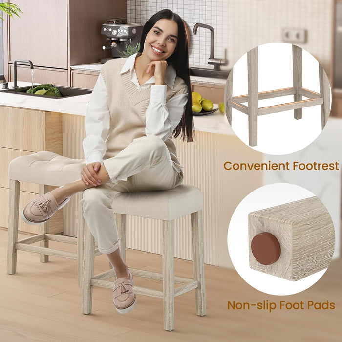 24" Saddle Bar Stools Set of 4, Farmhouse Button Tufted Barstools | Upholstered Counter Height Backless Bar Chairs with Footrest and Wood Legs for Kitchen Island, Dining Room, Cafe