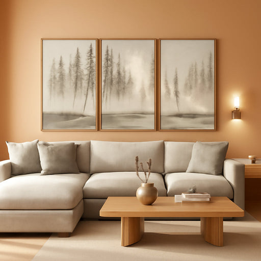 Framed Neutral Wall Art for Living Room, Large 3 Piece Abstract Pastel Grunge Forest Landscape Tree Canvas Artwork Set, Modern Art Decorative Nordic Painting Picture Prints for Hallway Office 24X36 In