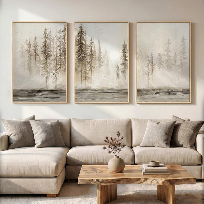 Framed Neutral Wall Art for Living Room, Large 3 Piece Abstract Pastel Grunge Forest Landscape Tree Canvas Artwork Set, Modern Art Decorative Nordic Painting Picture Prints for Hallway Office 24X36 In