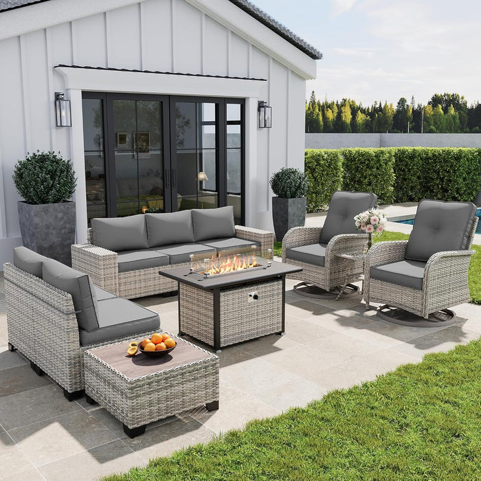 10-Piece Outdoor Patio Furniture Set with Rocking Swivel Chair, PE Wicker Rattan Sectional Sofa Patio Conversation Set with 55,000 BTU Fire Pit Table & Coffee Table, Grey