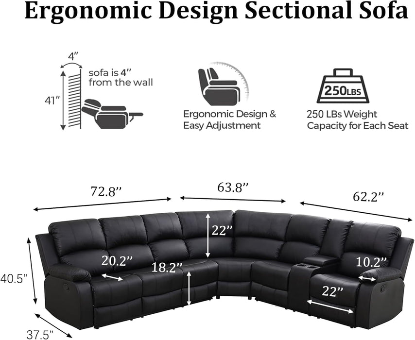 Manual Recliner Sectional Sofa Set, Bonded Leather L-Shaped Living Room Furniture Sets, Reclining Corner Couch with Drop-Down Table/Storage Console/Cup Holders for Home Office (Black, Sectional)