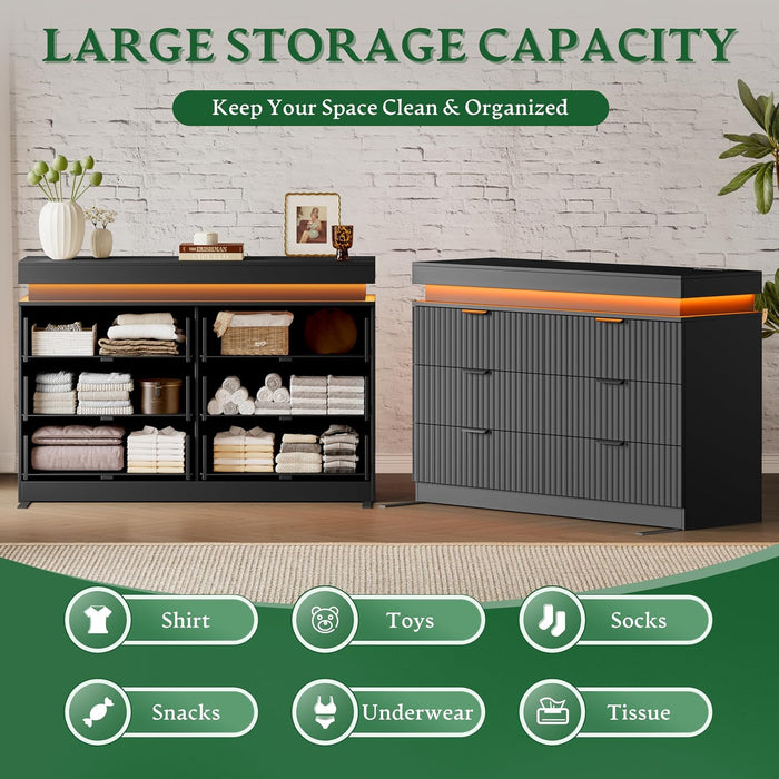 47" Wide Dresser for Bedroom with 6 Drawer & Charging Station, Black