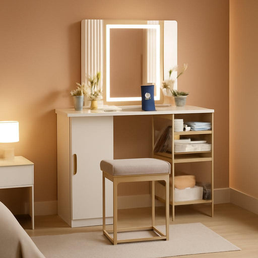 Corner Vanity Desk with Lighted Tri-Fold Mirror, Makeup Table with Charging Station, Fluted Door Cabinet, Storage Shelves, Space Saving Dressing Table with Stool for Bedroom, White & Gold