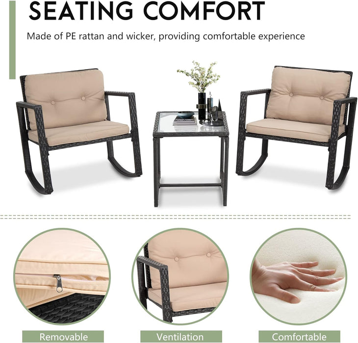 Wicker Patio Furniture Outdoor Bistro Set, Rocking Chair, 3 Piece, Rattan Conversation Set for Backyard Porch Poolside Lawn with Coffee Table,Black