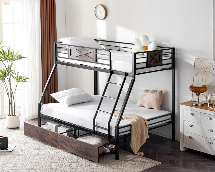 Bunk Bed Twin over Full Size with 2 Storage Drawers/Flat Rungs/Inclined Ladder, Heavy Duty Metal Slat Support, No Box Spring Needed, Black/Industrial Brown