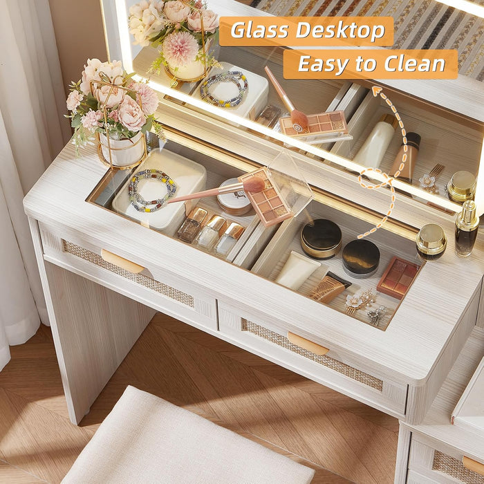 Fluted Makeup Vanity Desk with Mirror and Lights, 43.5'' Blue Vanity Table with Glass Top and Power Outlet, Make up Vanity with 6 Drawers and Adjustable Shelves for Bedroom