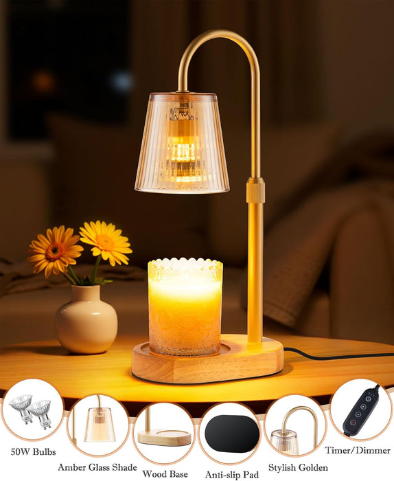 Adjustable Candle Warmer Lamp with Timer - Electric Light Wax Warming Dimmable Flameless Top Melter Heater Melting Heating Height Small Jar Candles Gifts Women Mom Birthday Home Desk Modern Decor