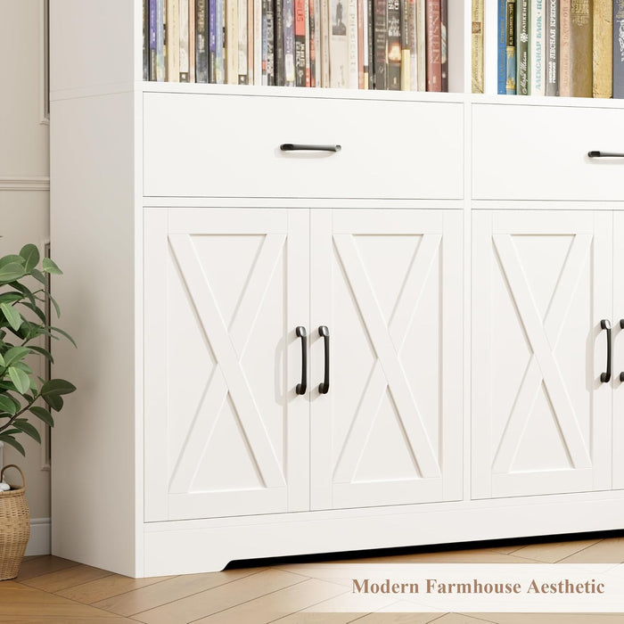 78" Tall Bookshelf with Doors, Double Wide Bookshelf with Storage Drawers, Large Bookcase with Cabinet and 8 Open Display Shelves, Farmhouse Wood Bookcase Book Shelf for Living Room, White