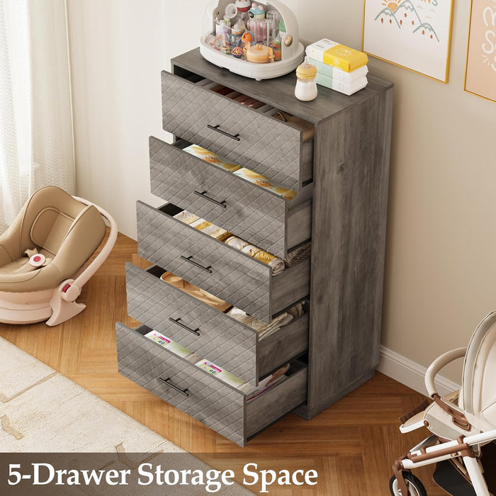 Tall Dresser with 5 Drawers, Modern Wooden Chest of Drawers with Diamond Panel, Anti-Tipping Device, Sturdy and Stable Storage Organizer for Bedroom, Hallway, Living Room