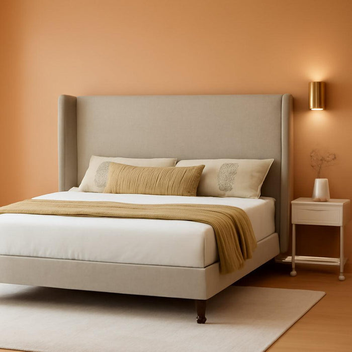 King Size Bed Frame with 51.2" Wingback Headboard, Upholstered Modern Tall Platform Beds, Solid Wood Legs, Easy Assembly, No Box Spring Needed, Soft Linen Bedroom Furniture, Light Khaki
