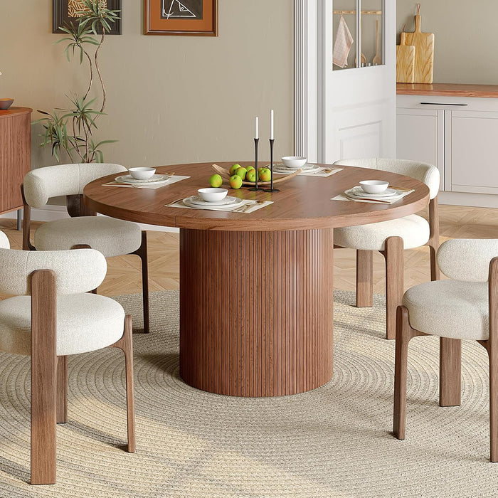 47 Inch round Dining Table for 4-6, Walnut | Circle Kitchen Table with Fluted Base, Modern Farmhouse Dinner Tables for Kitchen, Living Room