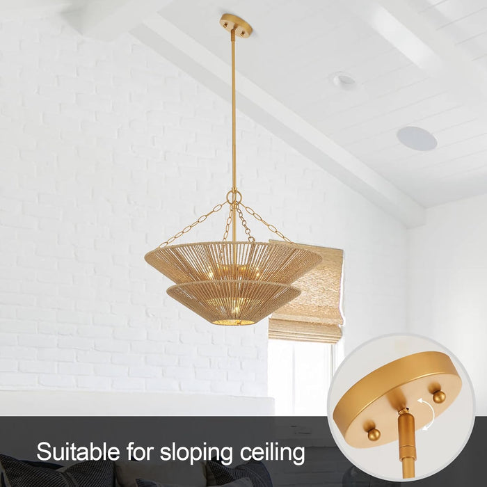 Modern Farmhouse Chandelier for Dining Room, 5-Lights Gold Chandelier for Entryway, Hand-Woven Rattan Pendant Light for Bedroom Kitchen Living Room