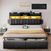 Full Size with 2 Storage Drawers and Charging Station, Upholstered Bed with Storage Headboard and LED Light, Heavy Duty Metal Frame Support, No Box Spring Needed, Noise Free, PU Leather Black