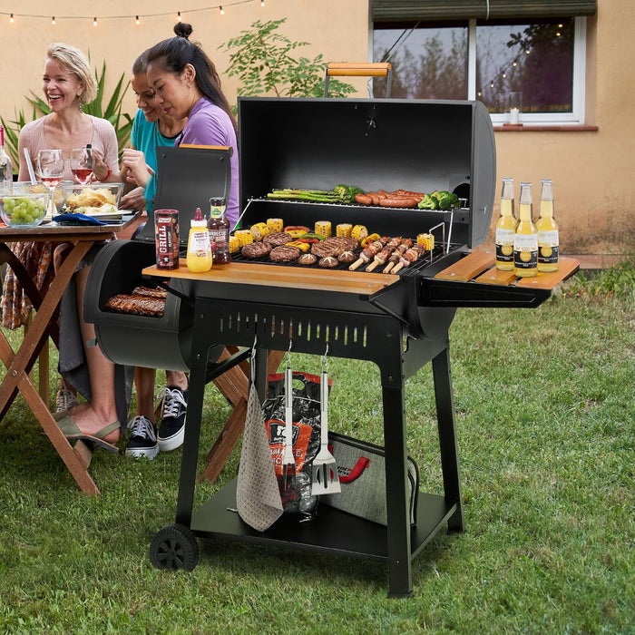 Barrel Charcoal Grill with Offset Smoker, 824 Sq. In. Cooking Area, Wooden Front Shelf, Bottom Shelf, Blow-Molded Wheels, Outdoor Charcoal Grill for Backyard Cooking, Black,Cc1831W