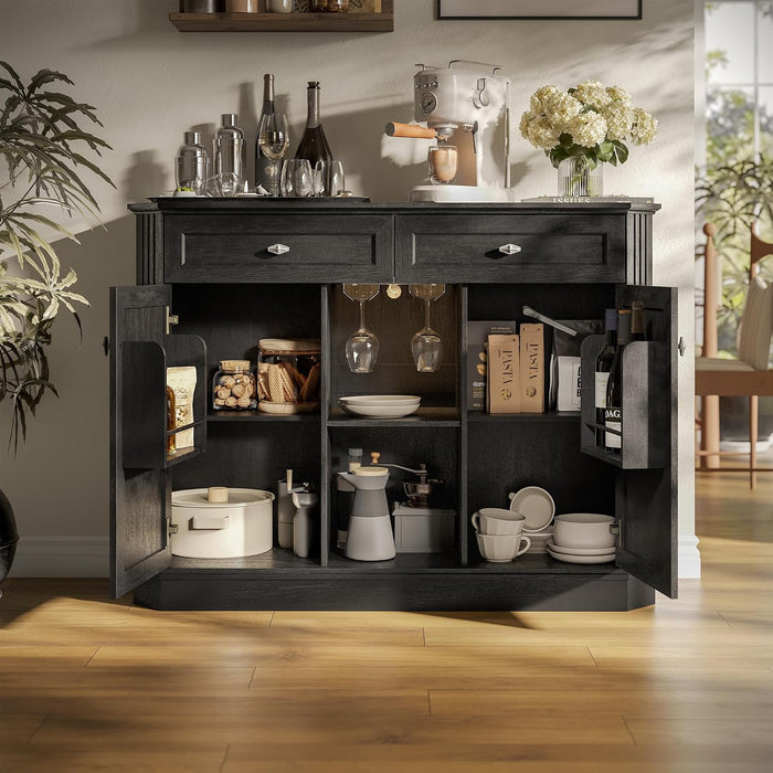 47" Wine Bar Cabinet with LED Light & Power Outlets, 2 Door Coffee Bar Cabinet with 2 Drawers, Sideboard Buffet Cabinet with Storage, Liquor Cabinet for Home Bar, Kitchen Living Room, Black