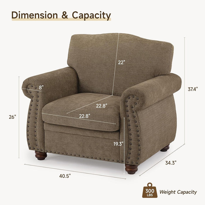 Nailhead Trim Armchair, Rolled Arm Accent Chair for Living Room, Comfy Chenille Club Sofa Chair W/Springs Cushions & Wood Legs, Traditional Single Couch Chair for Apartment, Farmhouse, Brown