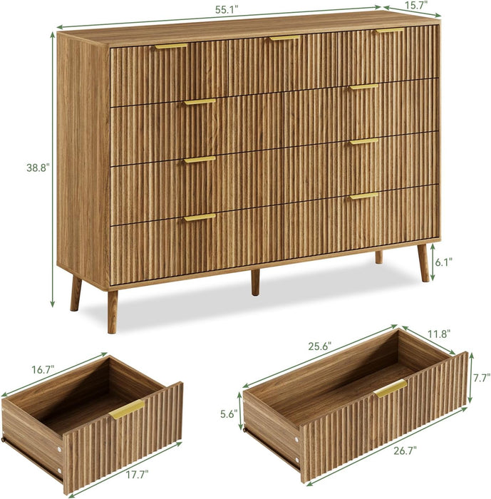 Fluted 9 Drawer Dresser for Bedroom, 55" Wide Modern Chest of Drawers with Curved Profile Design and Metal Handles, Wood Dresser TV Stand & Storage Organizer for Bedroom, Hallway, Walnut