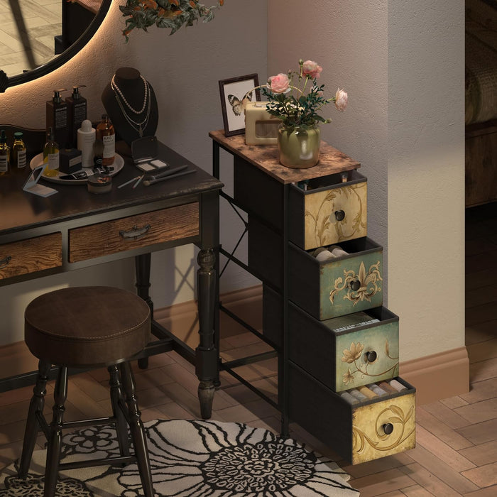 Narrow Storage Dresser Slim Dresser with Retro Flowers Fabric Drawers Vertical Skinny Cabinet for Small Spaces,Bathroom,Bedroom Closet Nightstand,Entryway Organizer (Retro Flower, 4 Drawers)