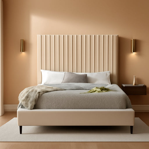 Candacecream-Q Candace Collection Modern | Contemporary Velvet Upholstered Queen Bed, Cream Velvet Fabric, Deep Channel Tufting, Acrylic Legs, 65" W X 86" D X 65" H, Cream, Queen