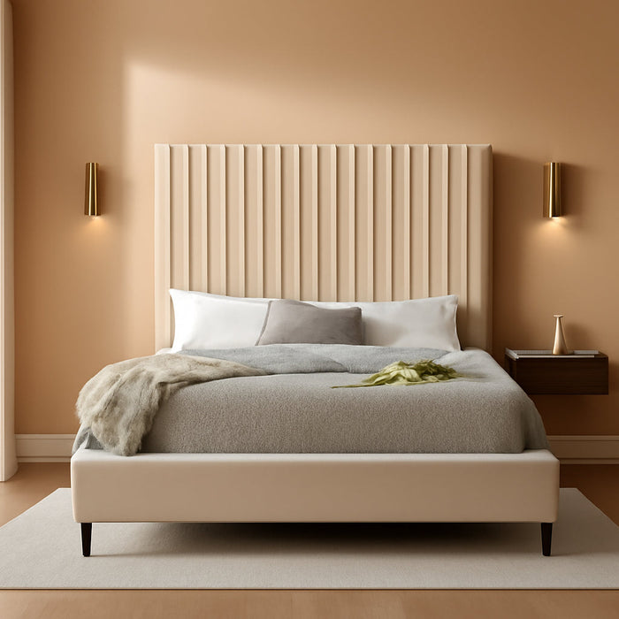 Candacecream-Q Candace Collection Modern | Contemporary Velvet Upholstered Queen Bed, Cream Velvet Fabric, Deep Channel Tufting, Acrylic Legs, 65" W X 86" D X 65" H, Cream, Queen
