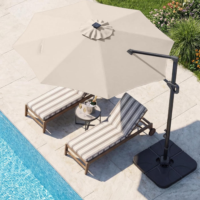 10 FT Solar Patio Umbrella with Base Included, Cantilever Offset Outdoor Umbrella with 35 LED Lights & Center Light, 360° Rotation, Aluminum Pole, 8 Heavy-Duty Ribs for Yard Pool Deck